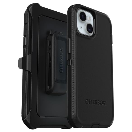 Étui protecteur noir de la marque Otterbox, série Defender, conçu pour iPhone, montrant ses caractéristiques de robustesse avec une triple couche de protection, une pince de ceinture et une résistance aux chutes, à la poussière et aux éraflures