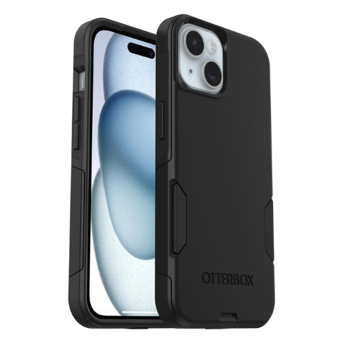Téléphone Cellulaire iPhone dans un étui Otterbox série Commuter noir, affichant un design élégant avec des renforcements aux angles pour une protection accrue, avec un aperçu de l'écran et de la caméra arrière de l'appareil.