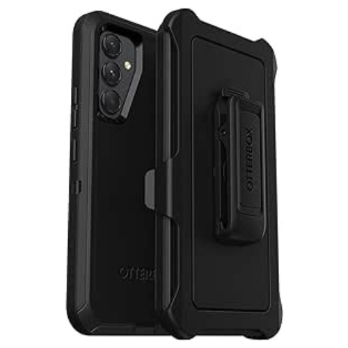 Téléphone cellulaire Samsung Galaxy équipé d'un étui protecteur noir Otterbox série Defender, montrant la triple protection avec une pince de ceinture et un accès précis aux boutons et à la caméra arrière du téléphone
