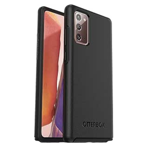 Téléphone Cellulaire Samsung Galaxy affichant un écran coloré, protégé par un étui Otterbox série Symmetry noir, offrant une conception mince et élégante avec un accès facile aux boutons et à l'appareil photo à l'arrière.